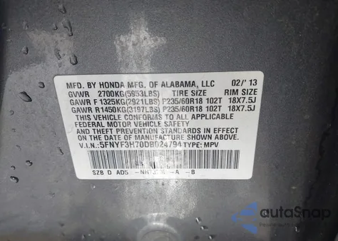 2013 Honda Pilot Ex-L from USA, damaged, VIN 5FNYF3H70DB024794